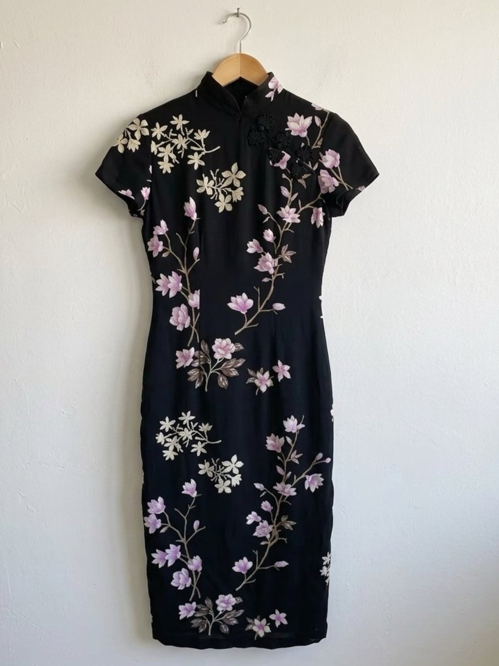 David Warren Vintage Cheongsam Dress NWT Black Pink Magnolia Floral Maxi Qipao